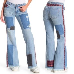 Free people NWT Mixed Plaid patchwork flares Jean